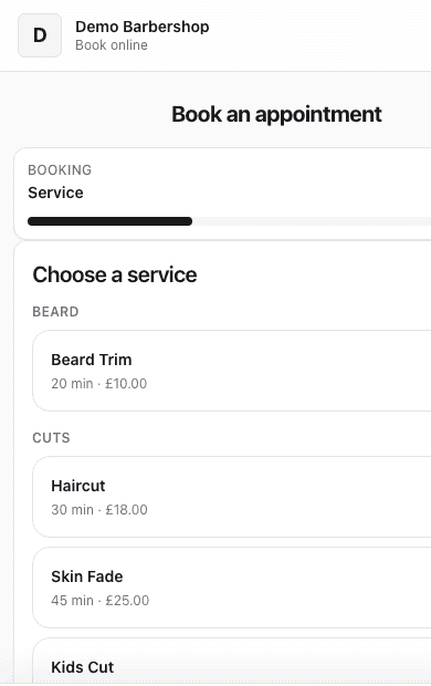 Appointful booking page on a phone, where a client chooses a service