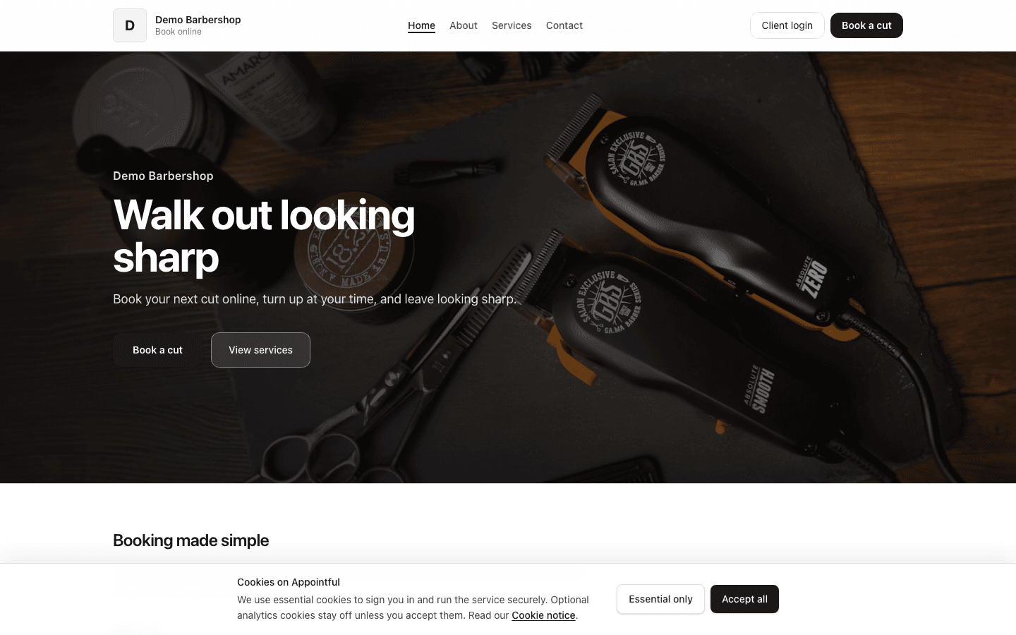 Appointful website for a barbershop, with online booking